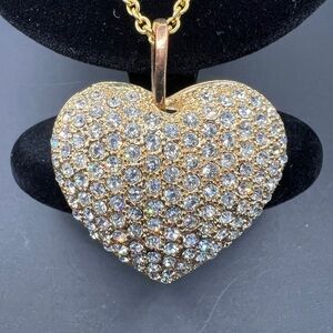 Gold Tone Crystal Heart Pendant Necklace 20” Statement Charm Unmarked